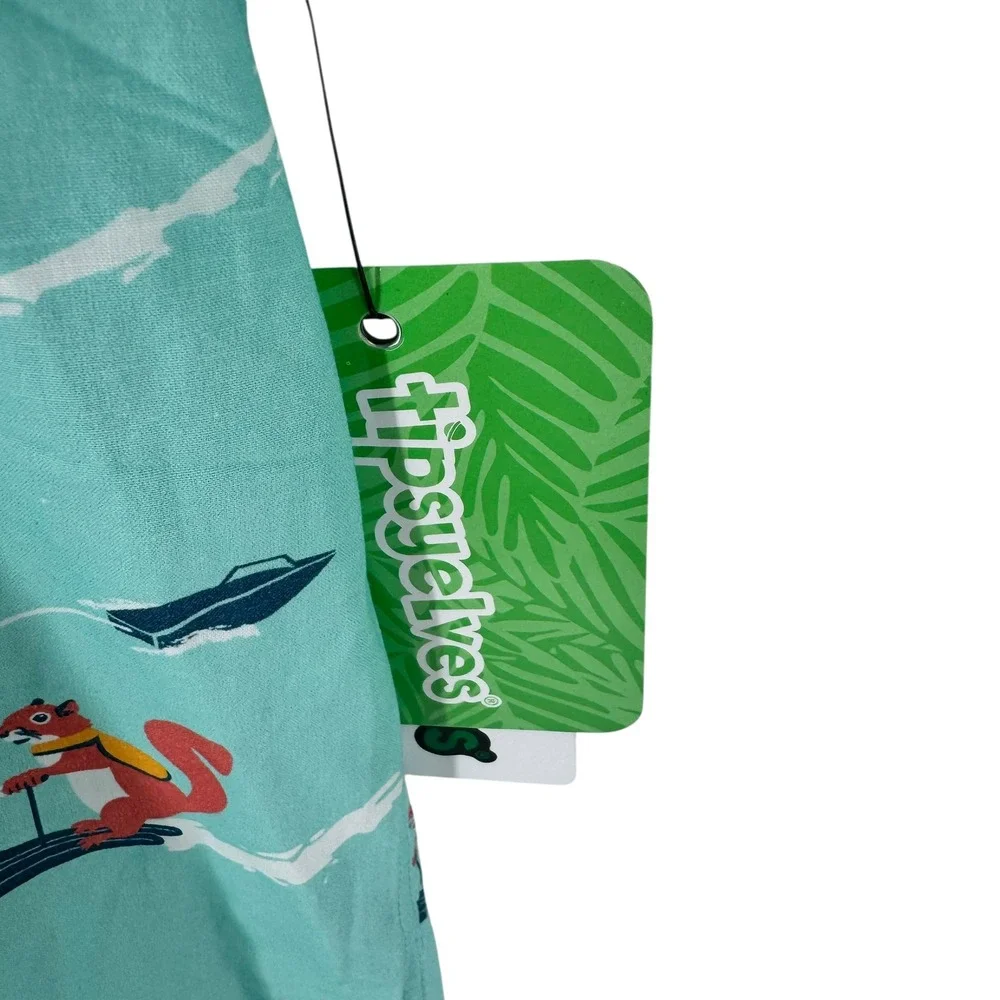 Tipsy Elves Mens Squirrel On Water Skis Hawaiian‎ Shirt Turquoise Blue Sz L NWT